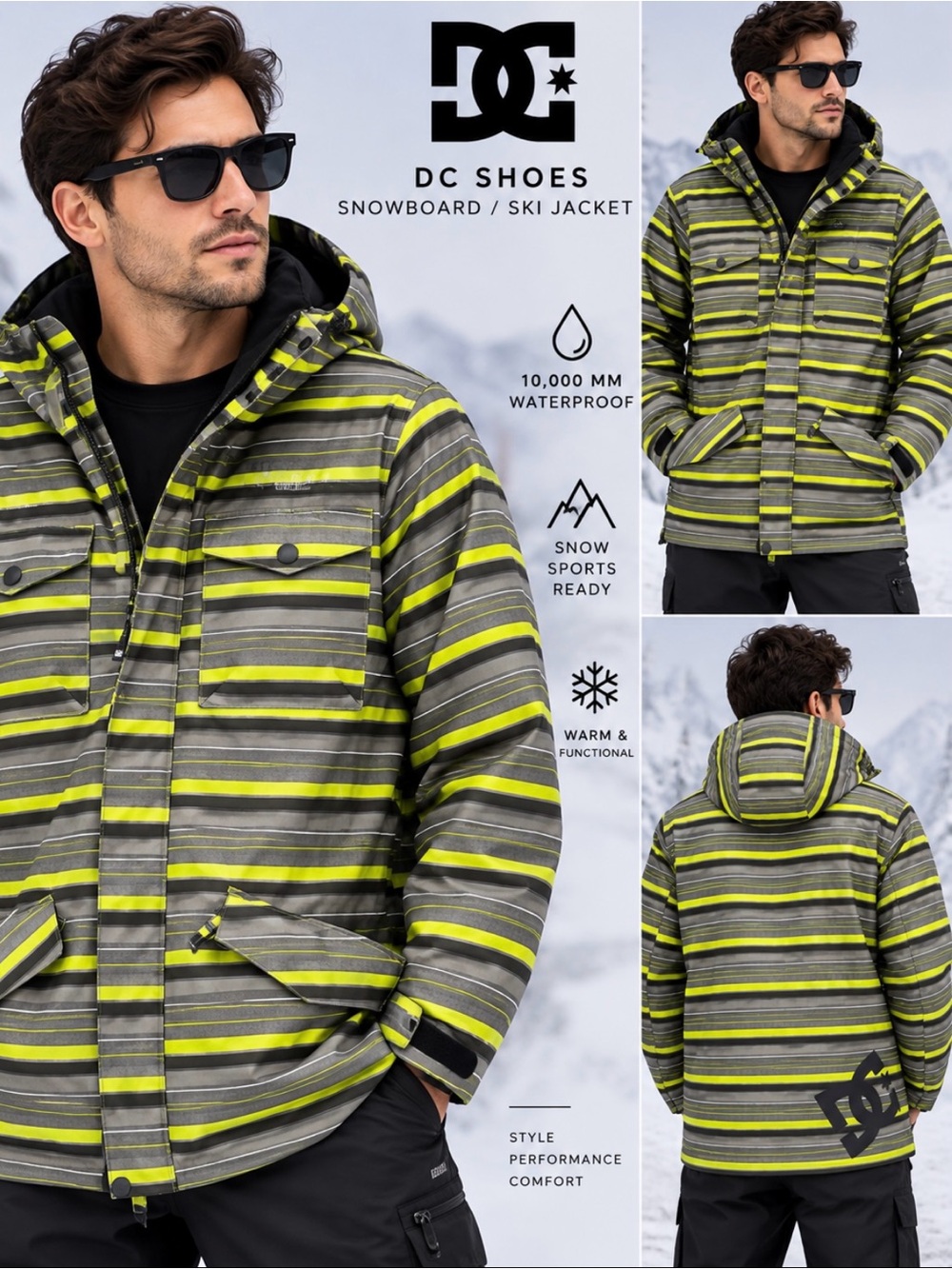 DC Shoes Men’s Large Snowboard Ski Jacket 10K Waterproof Gray Neon Yellow Hooded